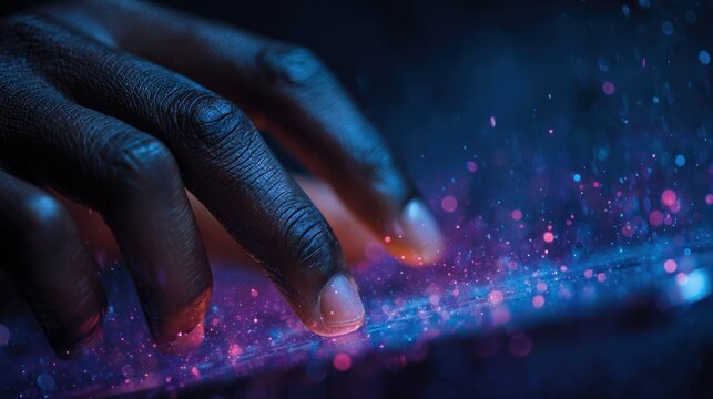 Close up of a dark skinned hand interacting with a glowing futuristic digital interface emitting pink and blue neon particles