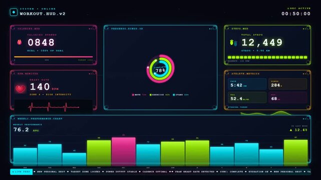 Futuristic neon fitness workout dashboard interface with health tracking metrics