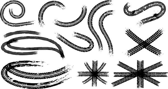 Tire tread marks after skidding, launch, drift, powerslide in motorsport, rally, off-road, motocross. Wheel texture with splash effect. Vector, transparent background EPS version.