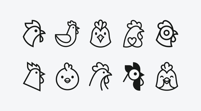 Group of stylized chicken and rooster head icons vector