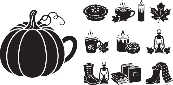 Autumnal icons and objects in black and white