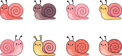 Cute Cartoon Snail Collection with Colorful Spiral Shell Characters, Kawaii Garden Mollusks, Adorable Nature Animals, and Vector Illustration Set © MD SOJIB 