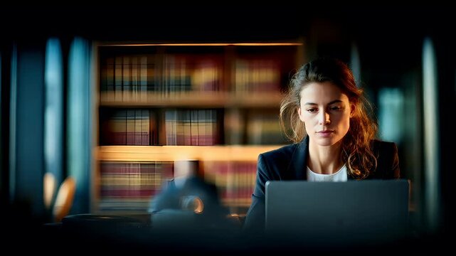 Female diversity. Human rights, equal opportunity concept. A moody, atmospheric portrait of a woman seated at a table in a dimly lit library. She intently looks at a laptop screen.