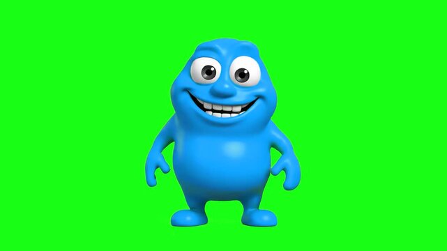 A cheerful, stylized 3D animated blue monster character stands looking forward with a wide, friendly smile. The character loop is fully isolated on a chroma key green screen background.