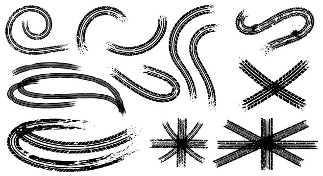 Tire tread marks after skidding, launch, drift, powerslide in motorsport, rally, off-road, motocross. Wheel texture with splash effect. Vector, transparent background SVG version.