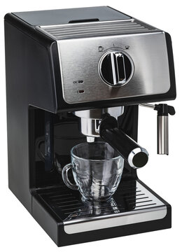 Black and stainless steel espresso machine with glass cup under the portafilter isolated