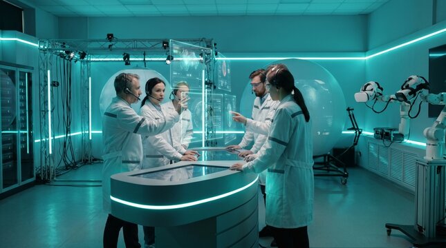 Scientists in lab coats gathered around futuristic touchscreen display in modern laboratory setting with neon blue lighting discussing experiment