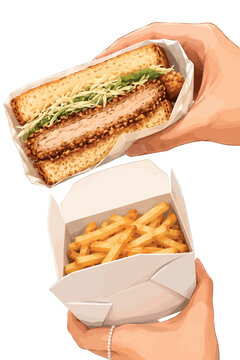 Vsai hands holding katsu sando sandwich and french fries