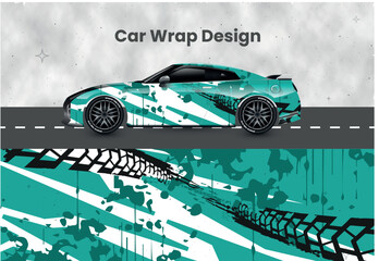 Teal racing car wrap with tire track marks and paint drip effect vector  © shamimgraphix