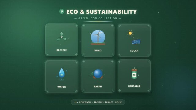 Eco and sustainability flat green icons over a dark patterned background