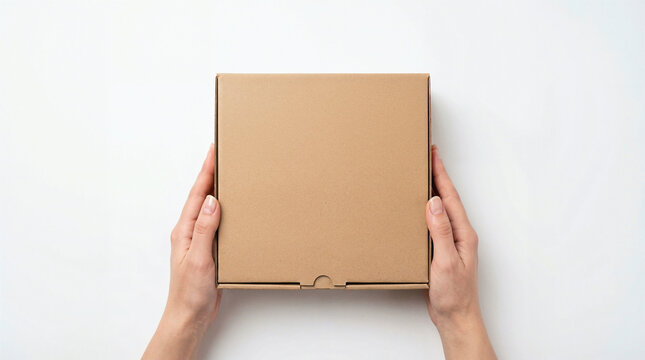 Top view of hands holding a blank cardboard shipping box on white background, minimal packaging mockup for delivery, ecommerce, parcel service and retail fulfillment concept