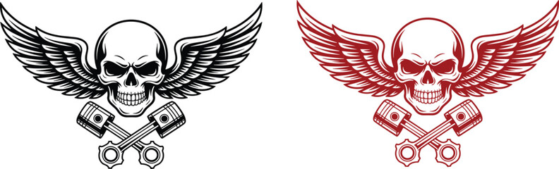 Black and red skull with wings and crossed pistons vector graphics engine parts © QueenMomtaz 