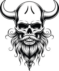 Fototapeta premium Black and white illustration of a skull with horns mustache and beard viking