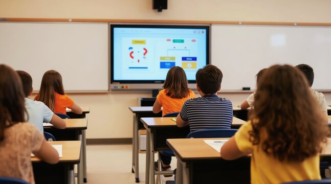 Children sit at desks in modern classroom facing large interactive screen. Students learn using digital technology and smart board for engaging lesson. Teacher guides class with new education tools.