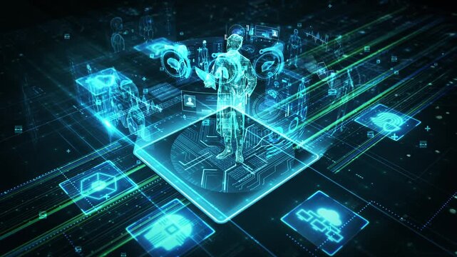 Holographic medical technology, A holographic doctor stands on a glowing digital platform, surrounded by medical interfaces, anatomical models, and futuristic tech icons in a teal blue environment.