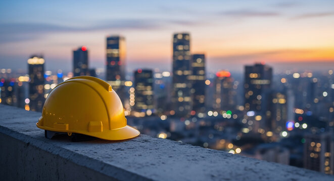 Yellow hard hat on concrete ledge with city skyline at dusk, Construction safety concept