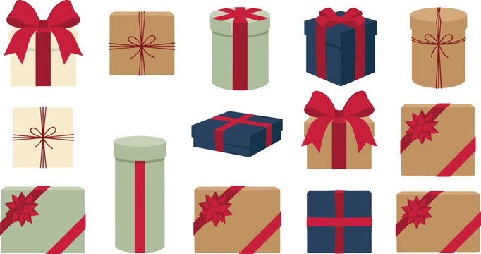 Kraft and Navy Blue Gift Box Packaging Vector Icon Set with Red Satin Bows and Twine Strings