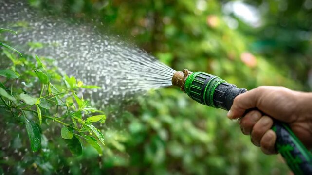 Hand watering green garden plants with spray nozzle