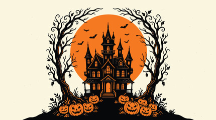 haunted house illustration with pumpkins and spooky trees