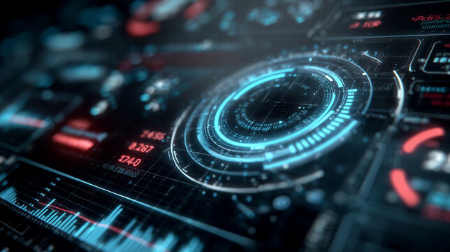 Close-up of futuristic hud with concentric ring interface and cyan data charts on dark glossy surface