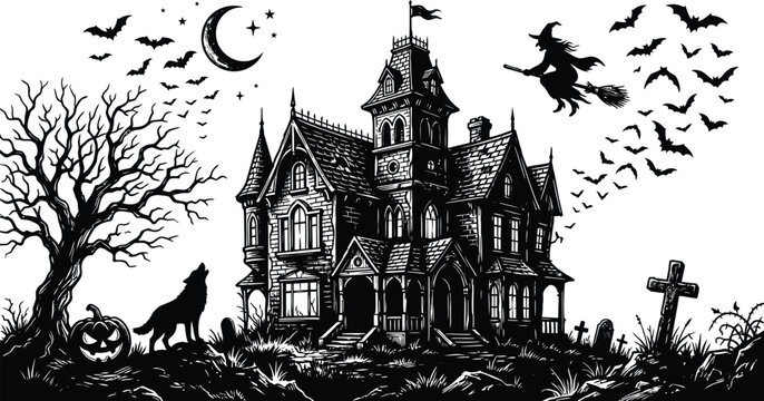haunted house illustration with witch wolf and halloween elements