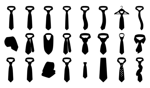 Collection of Neck Tie Silhouette Icon Set Vector Illustration Showing Different Tie Styles for Fashion, Clothing, and Design