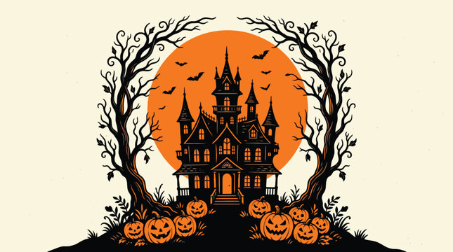 haunted house illustration with pumpkins and spooky trees