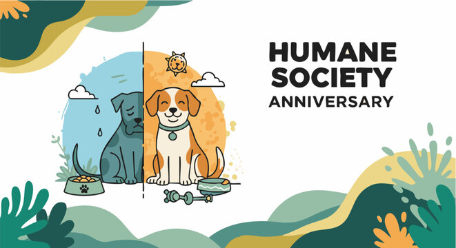 Dogs Humane Society Anniversary illustration in colorful whimsical style for non-profit organization