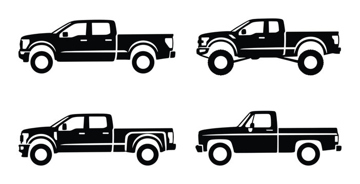 Side view silhouette of pickup truck vehicle models, Different truck body styles collection automotive icons set