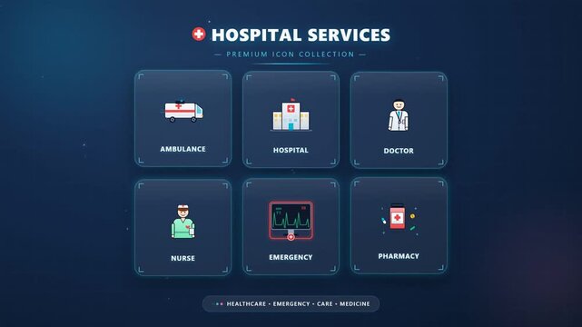 Hospital services medical flat icons displayed on a dark blue tech background