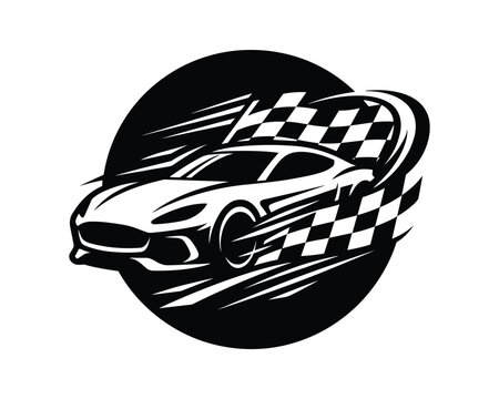 Sports car racing checkered flag on black circle