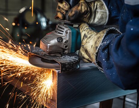Close-up of a worker grinding metal with sparks flying in workshop.