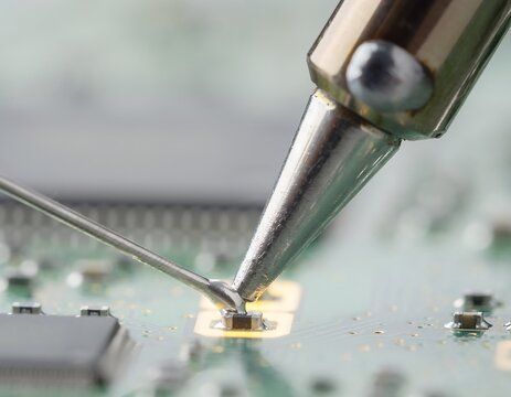 Close-up of Soldering Iron Working on a Circuit Board for Electronics Repair.