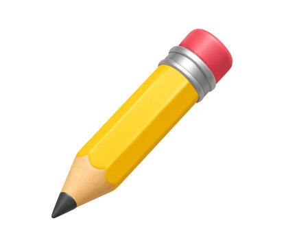Minimalist 3D yellow pencil icon with pink eraser. Realistic glossy render for creativity, education, copywriting.