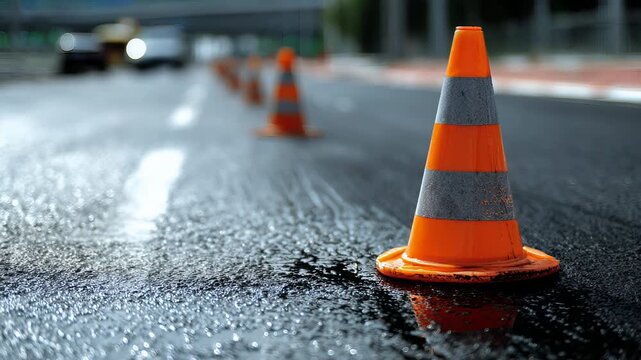 Construction cones marking fresh asphalt road section, temporary street work and maintenance safety scene
