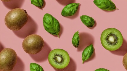Fototapeta premium Fresh Kiwi Slices and Basil Leaves Pattern on Pink Background