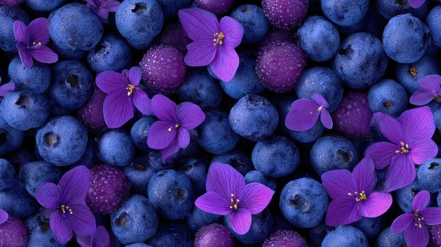 Fresh Blueberries and Purple Violets with Water Droplets Seamless Texture.