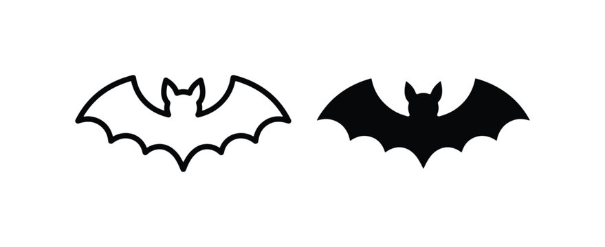 Bat Icons, Silhouette and Outline Vector Graphics for Halloween and Spooky Themes, Black and White Flying Mammal Symbols