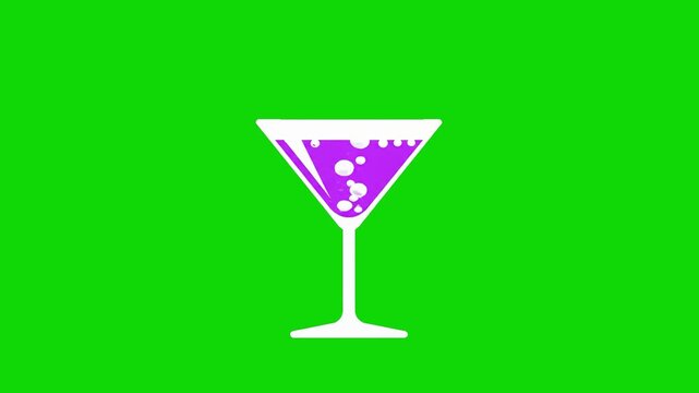 A minimalist flat design martini glass featuring bubbly purple liquid set against a bright green background. Great for cocktail menus, nightlife graphics, or UI interface animations.