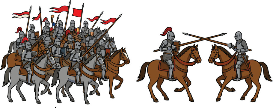 Medieval cavalry battle vector illustration with armored knights on horseback carrying lances and battle flags
