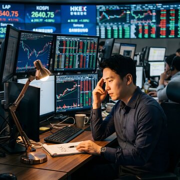 A tense Korean professional monitors real-time stock market data on multiple screens displaying KOSPI, HSCEI, and SAMSUNG indices on a bustling trading floor