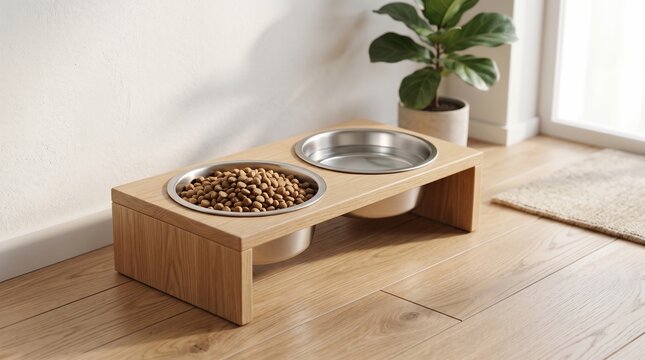 Elevated pet feeder with double stainless steel bowl for dog or cat. Wooden station for feeding food and water in modern home interior. Minimalist pet supply accessory for daily care.