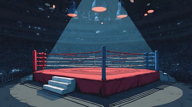 Empty boxing ring illuminated by spotlights in a dark arena, ready for competition