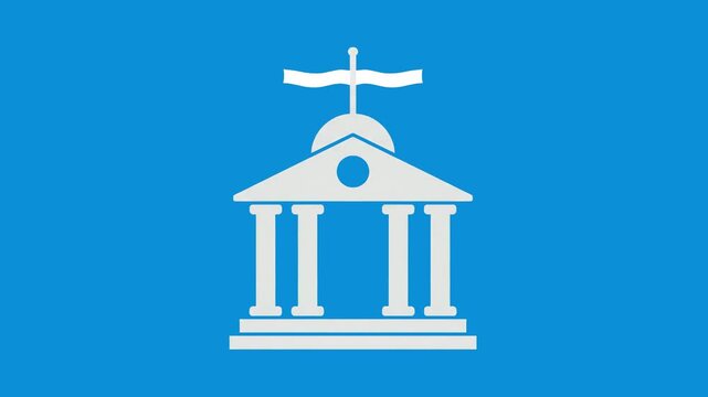 A minimalist white building icon with classical pillars and a flag on top appears or loops cleanly. This 2D vector animation is isolated on a bright blue backdrop, suitable for business or legal conce