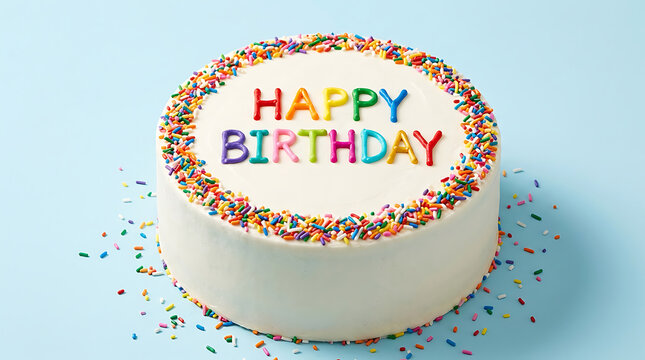Happy birthday cake with colorful sprinkles and frosting on light blue background for celebration