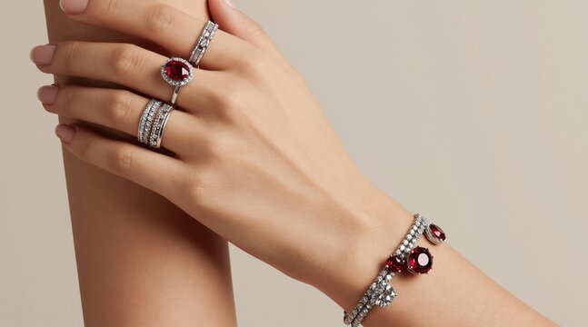 Woman wears several rings and a bracelet. She has silver jewelry with red and clear stones. Her hands are delicate and graceful, showcasing luxury accessories.
