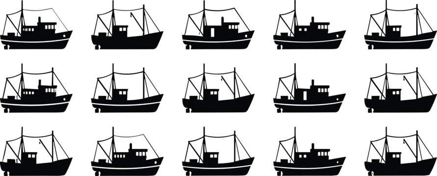 Fishing boat silhouette collection with trawler and commercial vessel icons, black vector illustration set
