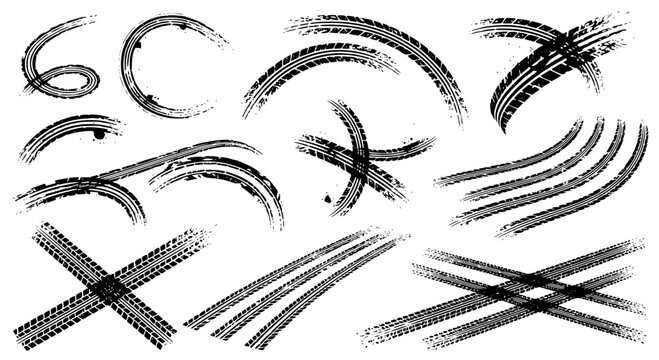 ire tread marks after skidding, launch, drift, powerslide in motorsport, rally, off-road, motocross. Wheel texture with splash effect. Vector, transparent background SVG version.