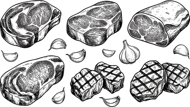 Hand drawn steak and meat cuts set with grilled beef and garlic, vintage engraved vector illustration collection
