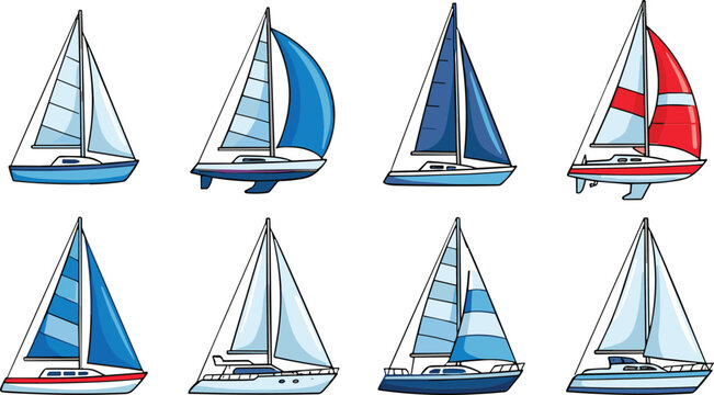 Sailboat and yacht collection with colorful sailing boats and catamarans, nautical vector illustration set